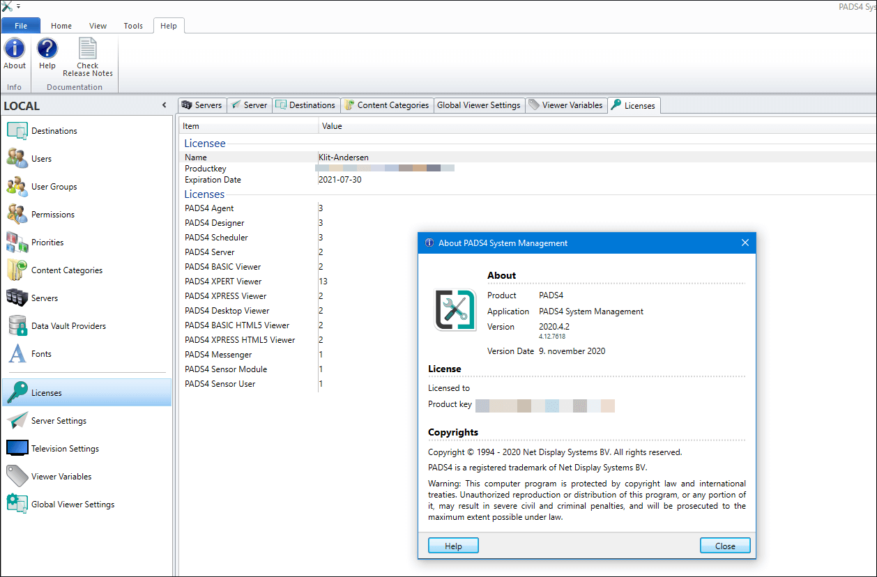 Skærm-dump af PADS4 system management